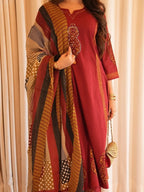 Cotton Rust Romance Kurta With Pant And Dupatta Set