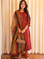 Cotton Rust Romance Kurta With Pant And Dupatta Set