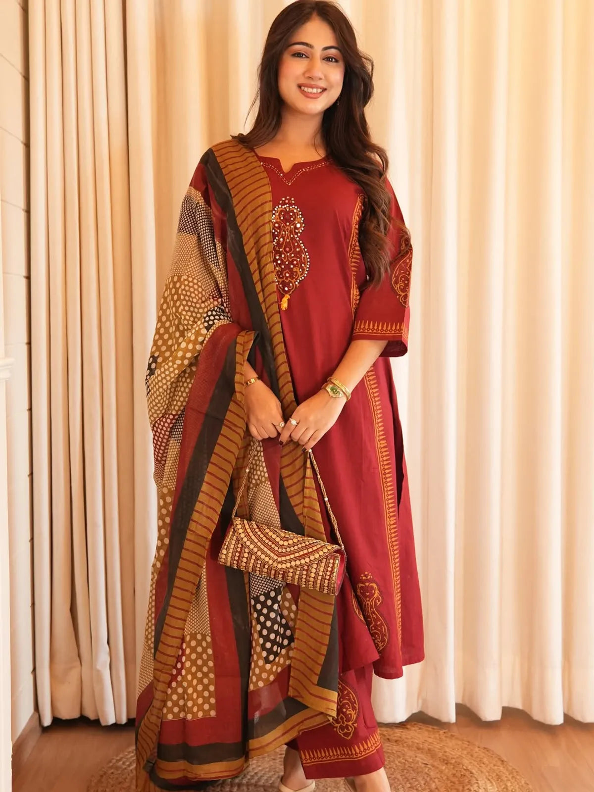 Cotton Rust Romance Kurta With Pant And Dupatta Set