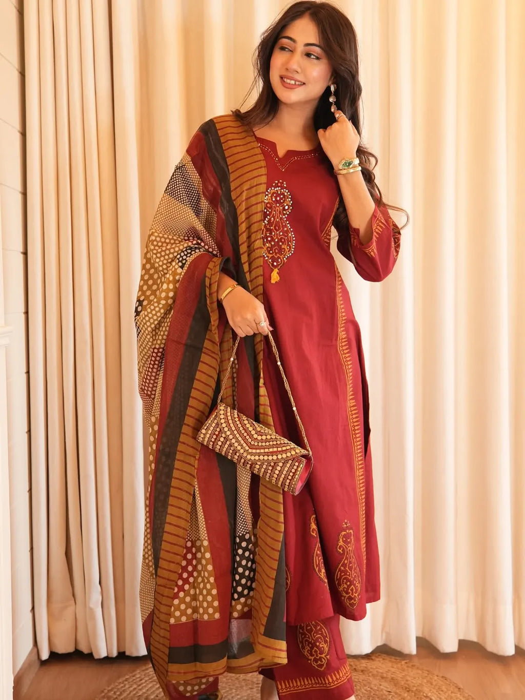 Cotton Rust Romance Kurta With Pant And Dupatta Set