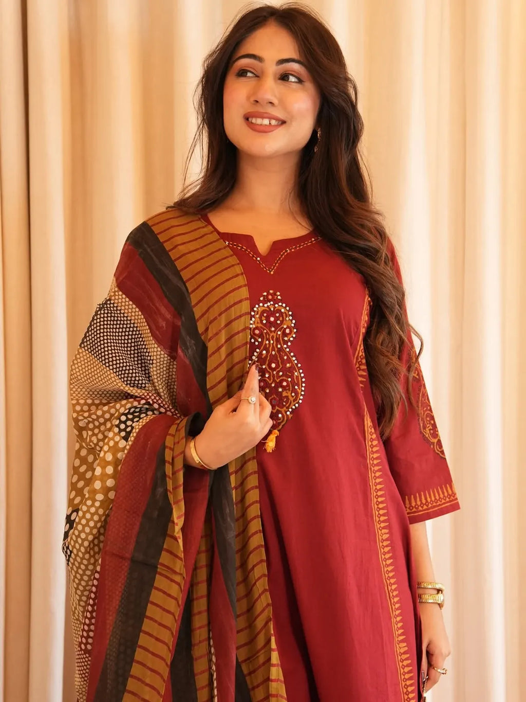 Cotton Rust Romance Kurta With Pant And Dupatta Set