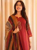 Cotton Rust Romance Kurta With Pant And Dupatta Set