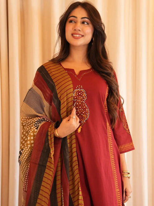 Cotton Rust Romance Kurta With Pant And Dupatta Set