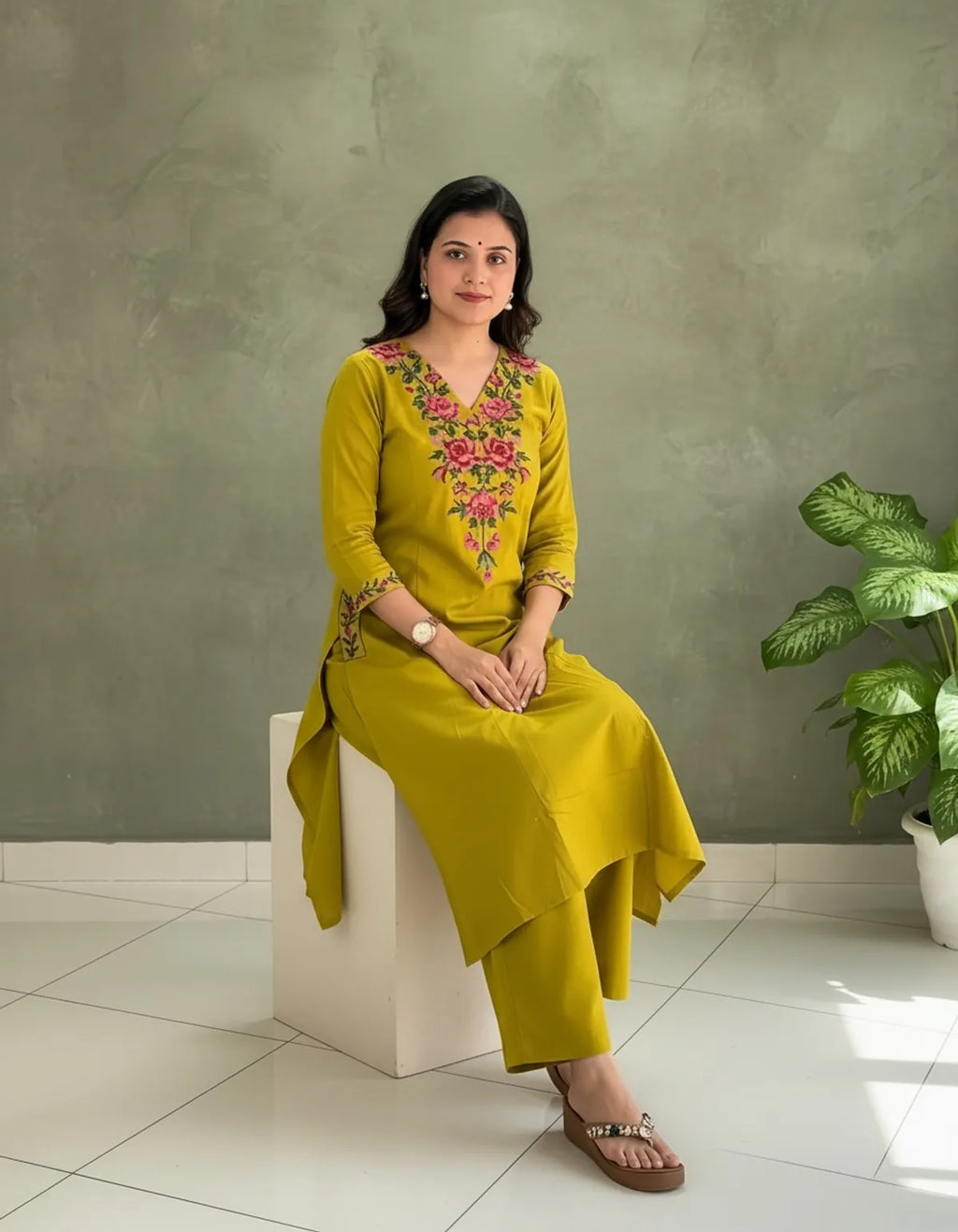 Rose Yellow Aarya Floral Embroidered Kurta Set