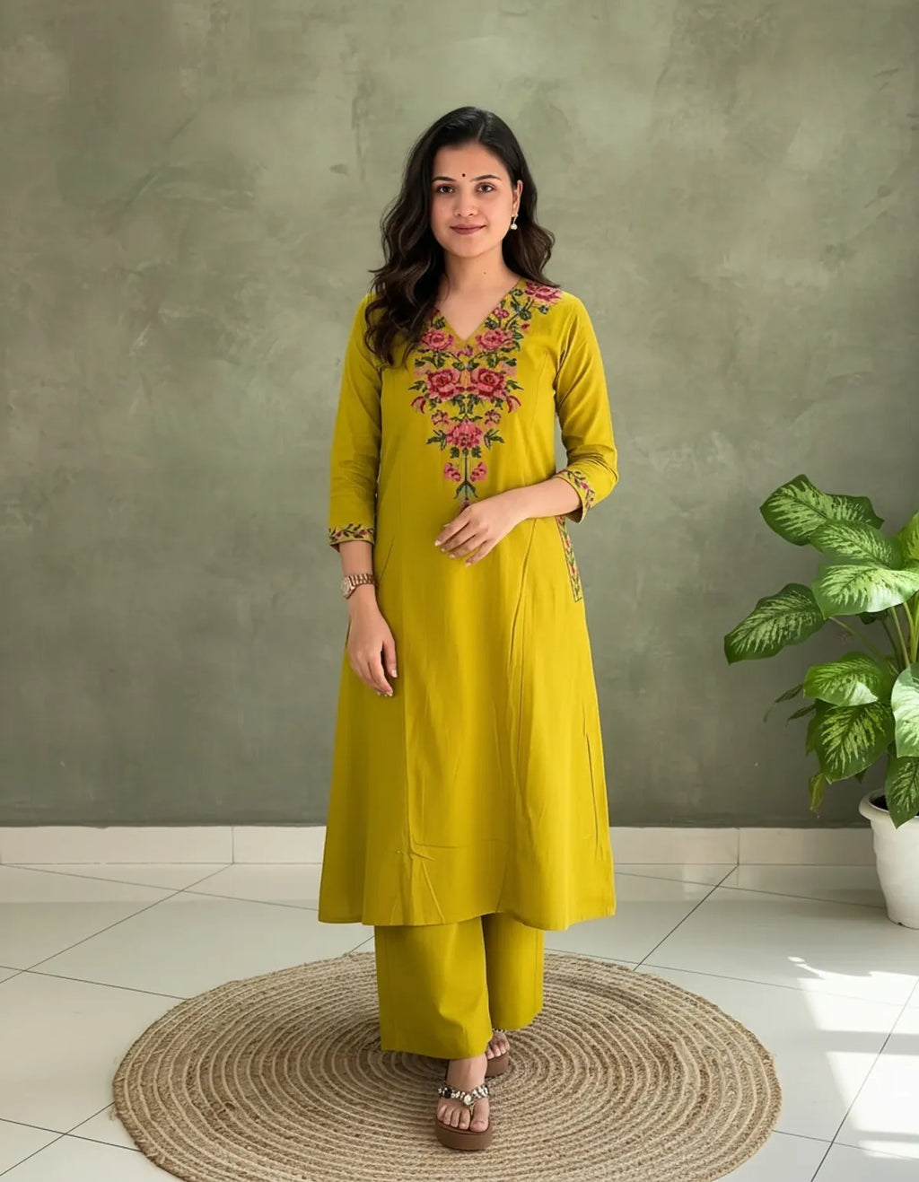 Rose Yellow Aarya Floral Embroidered Kurta Set