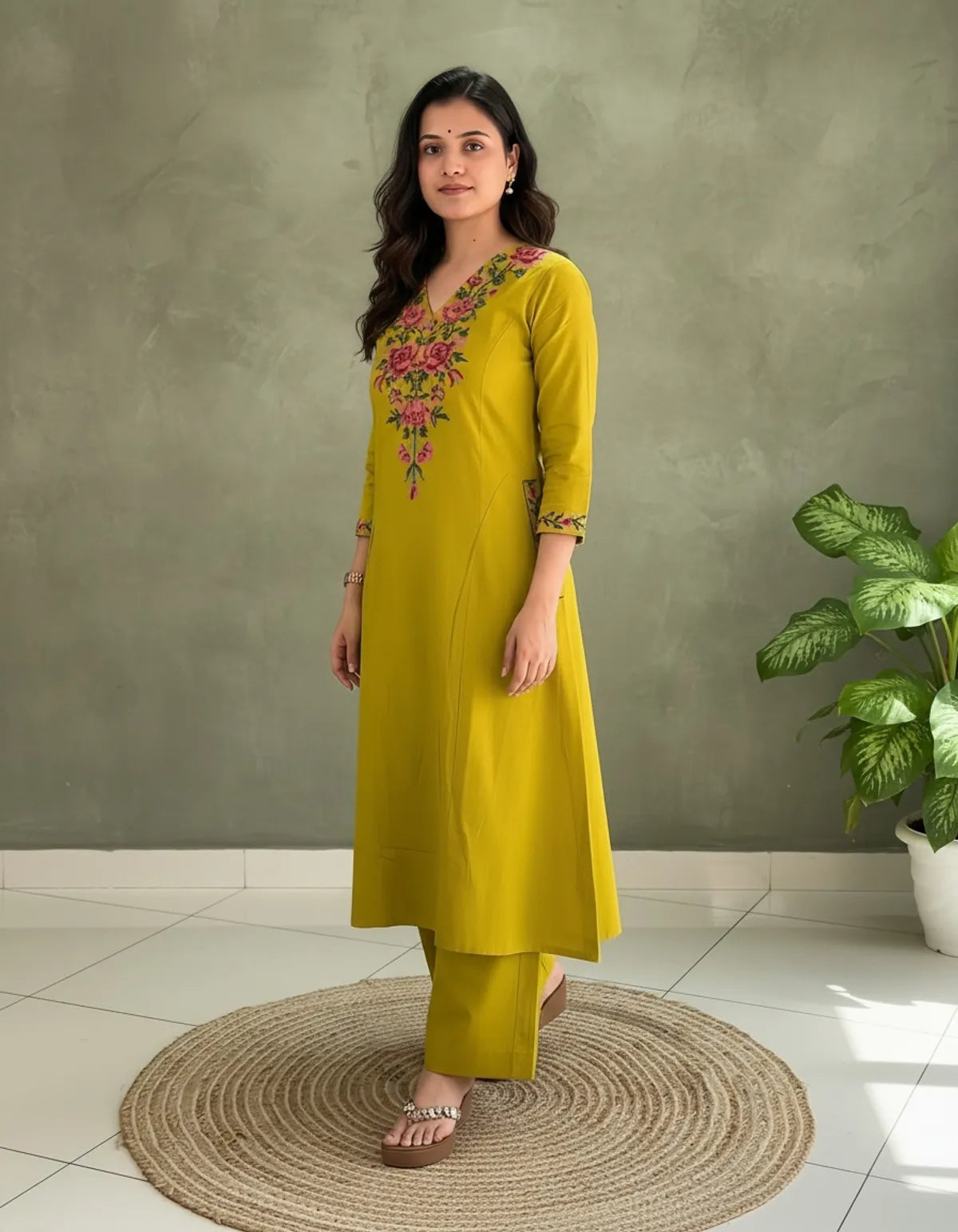 Rose Yellow Aarya Floral Embroidered Kurta Set