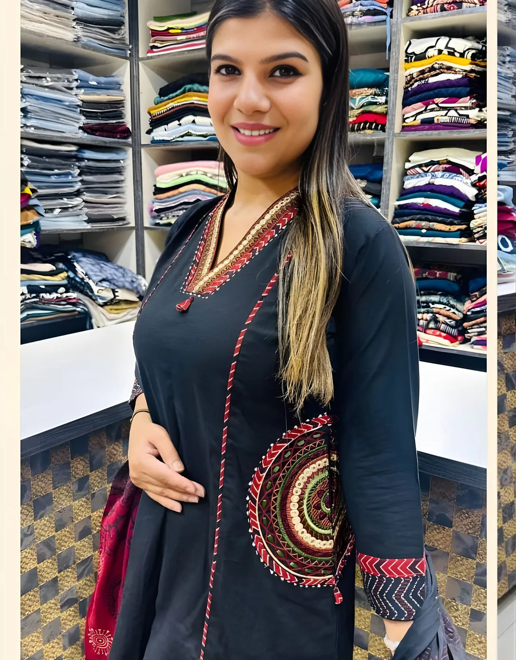Marwari Black Printed Cotton Kurti Set