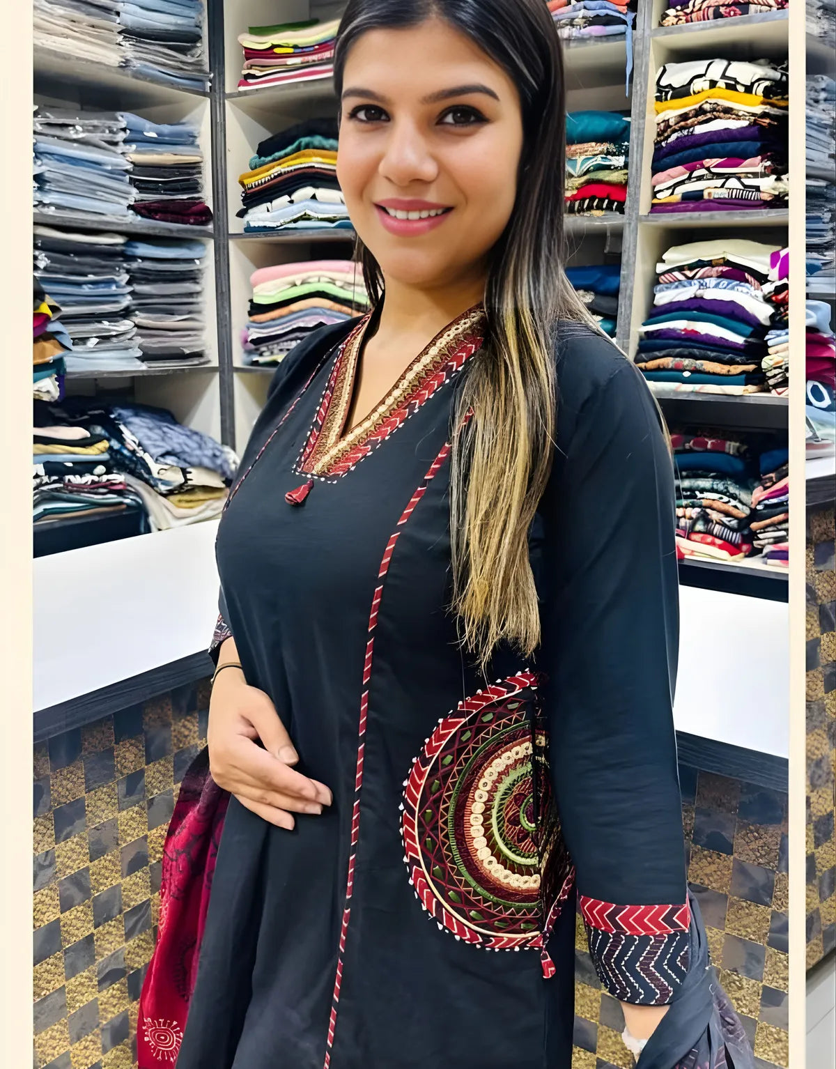 Marwari Black Printed Cotton Kurti Set
