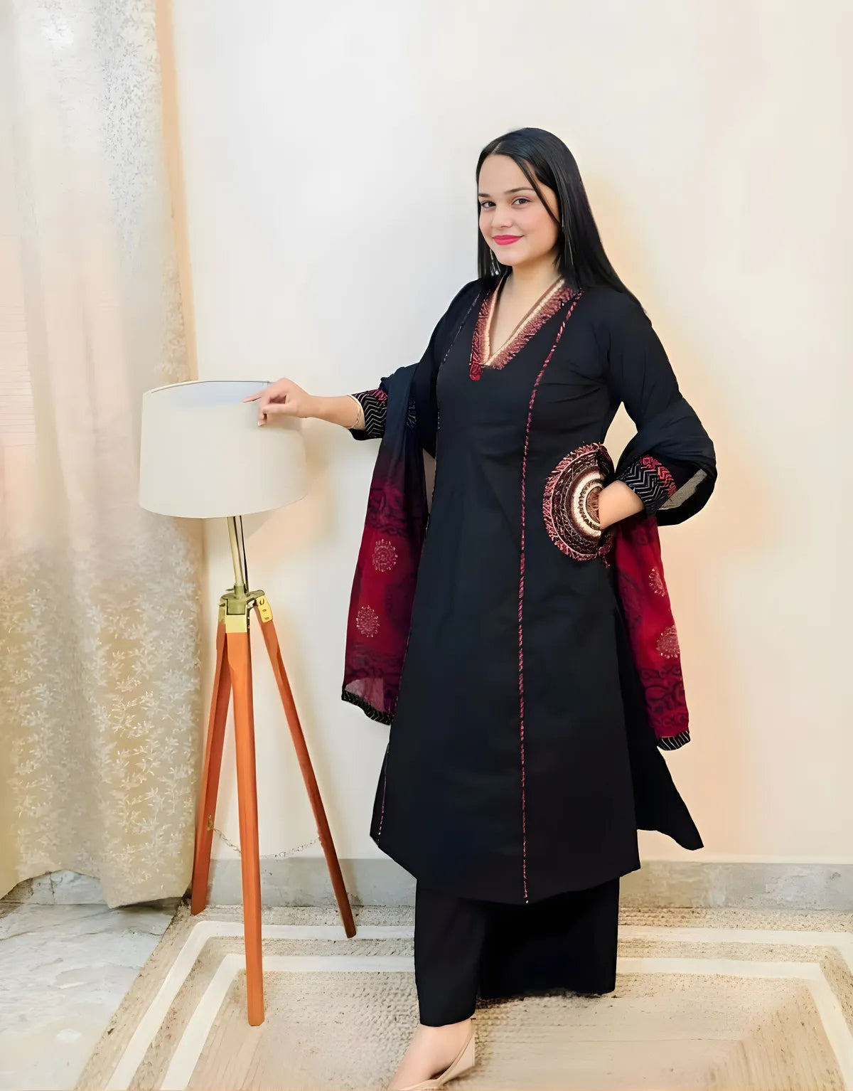Marwari Black Printed Cotton Kurti Set