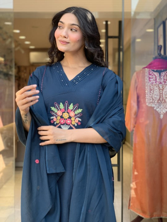 Cotton Suit With pretty embroidery work on kurti and dupatta with pant