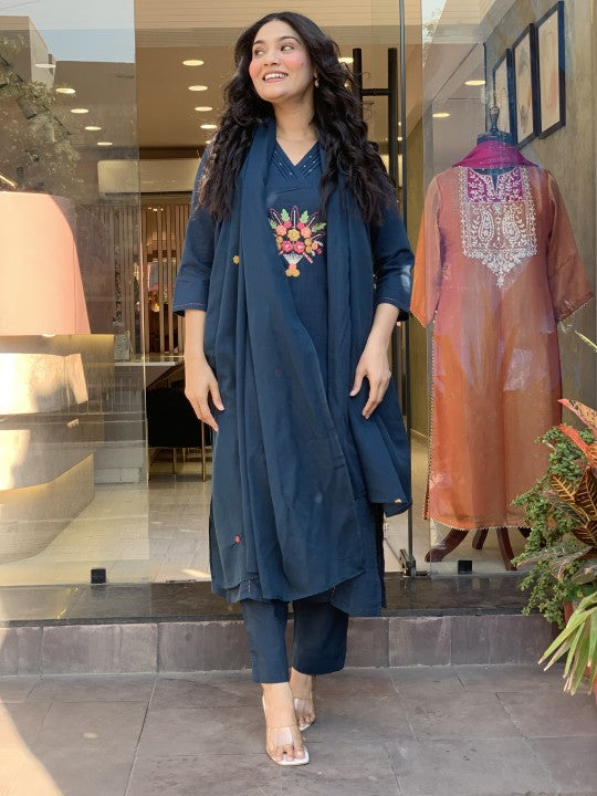 Cotton Suit With pretty embroidery work on kurti and dupatta with pant