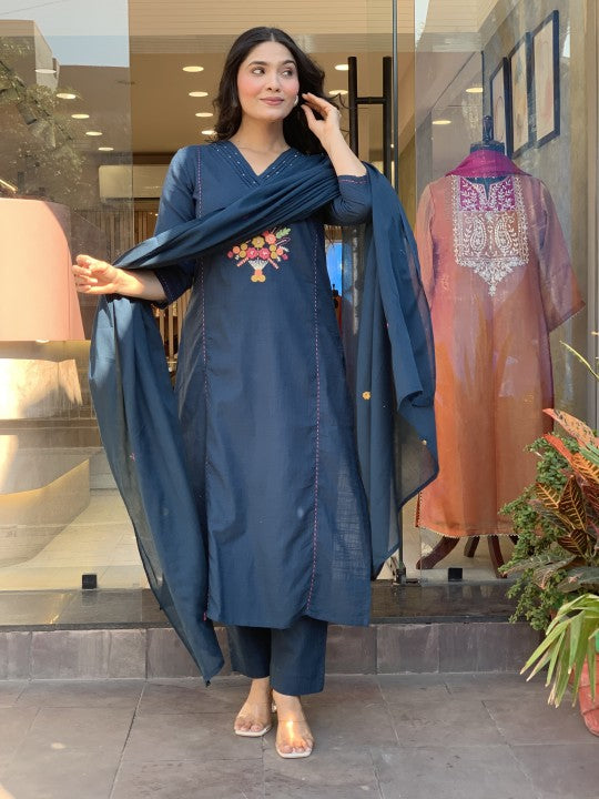 Cotton Suit With pretty embroidery work on kurti and dupatta with pant