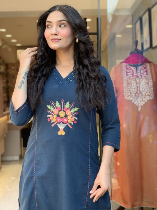 Cotton Suit With pretty embroidery work on kurti and dupatta with pant