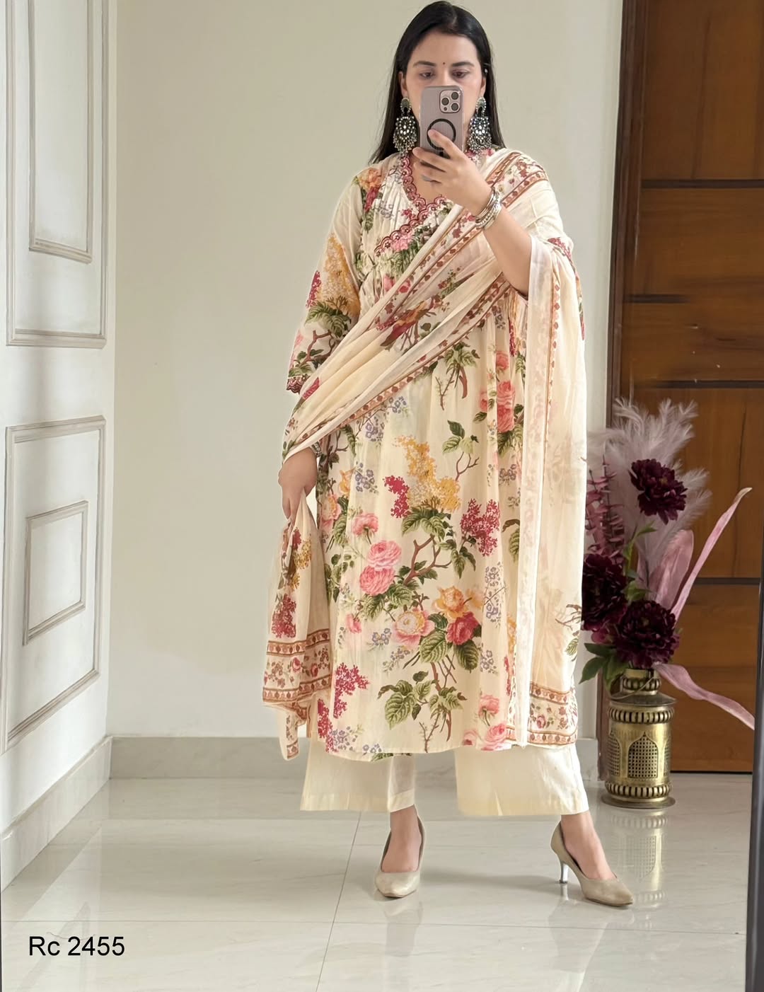 Pure Cotton embroidery print kurti with pant and mulmul printed dupatta