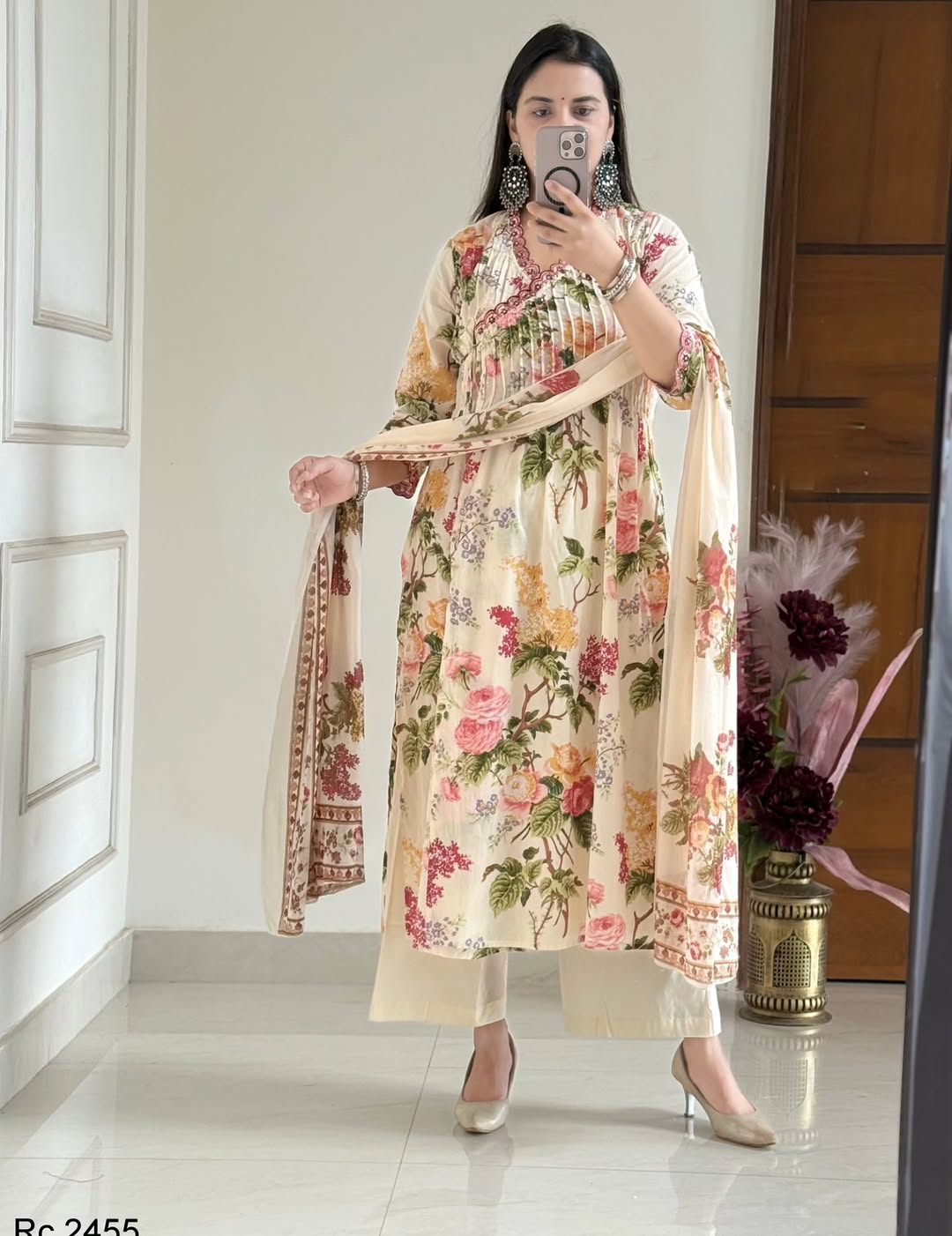 Pure Cotton embroidery print kurti with pant and mulmul printed dupatta