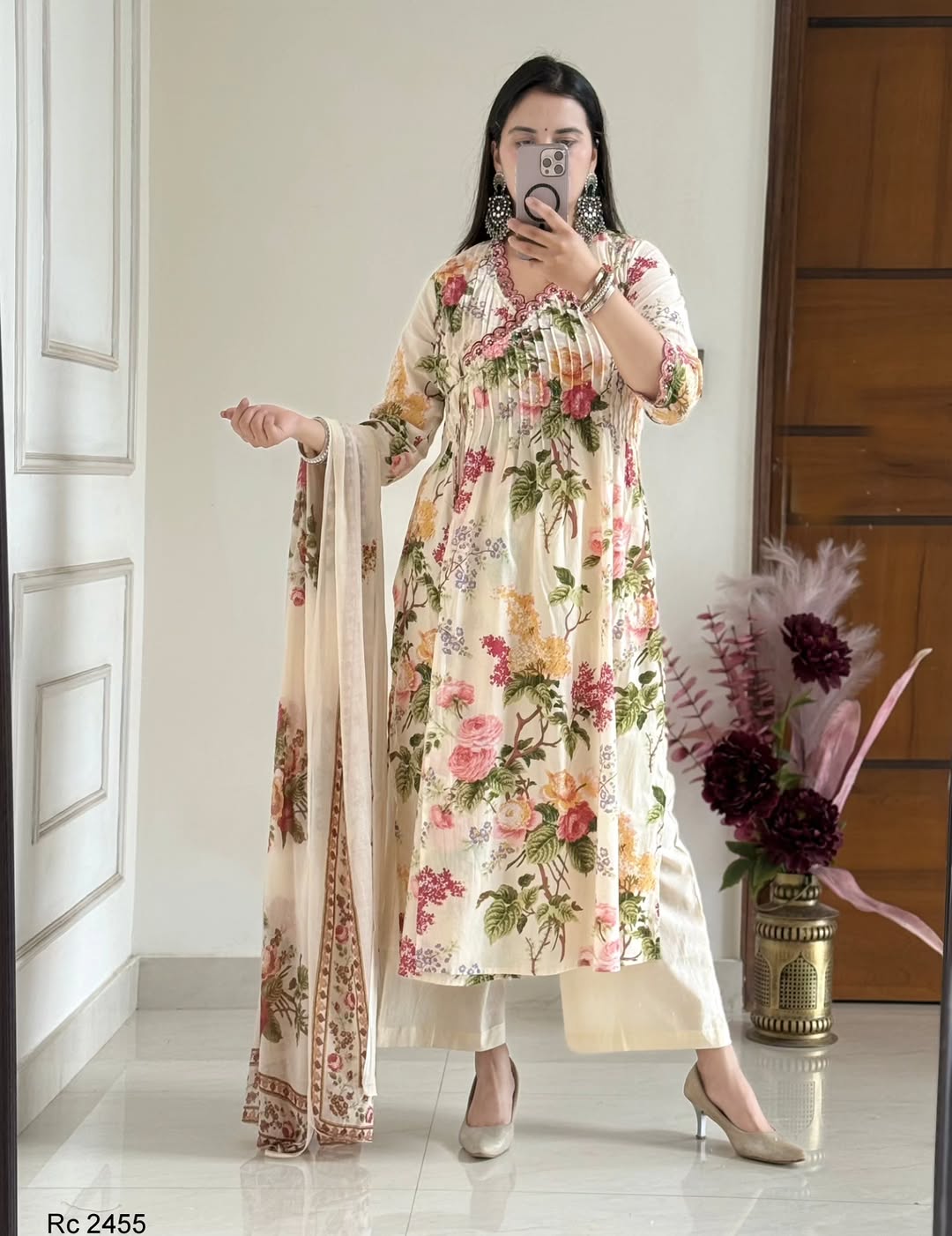 Pure Cotton embroidery print kurti with pant and mulmul printed dupatta