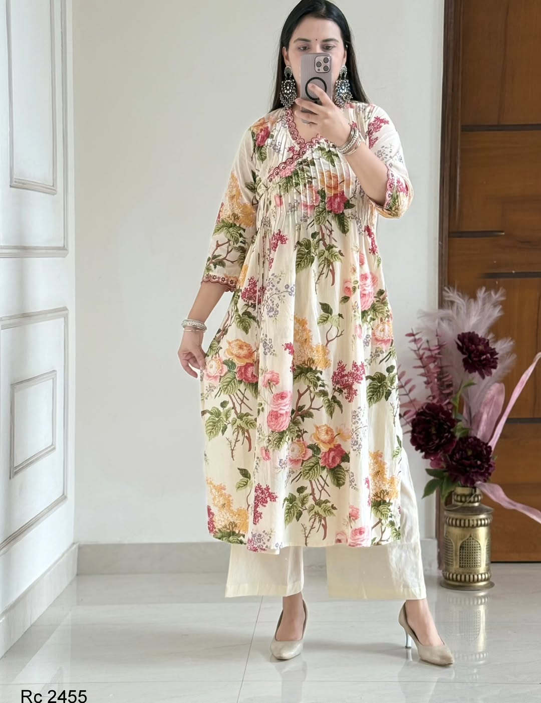 Pure Cotton embroidery print kurti with pant and mulmul printed dupatta