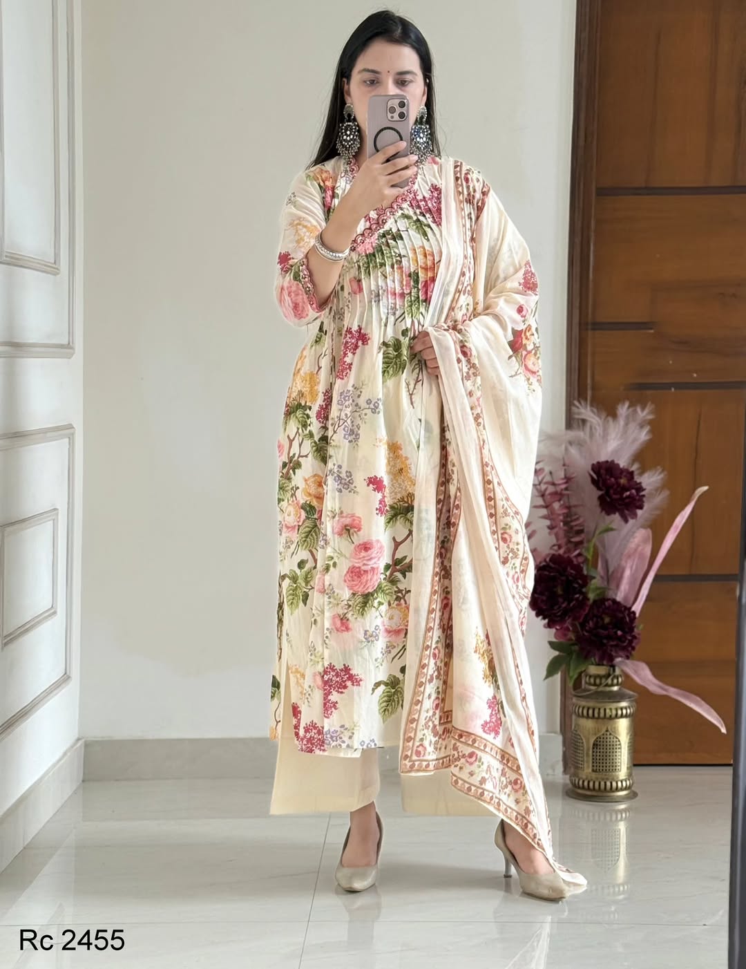 Pure Cotton embroidery print kurti with pant and mulmul printed dupatta