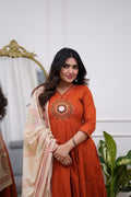 Rust Aura Embroidered Kurti Pant Set with Dupatta