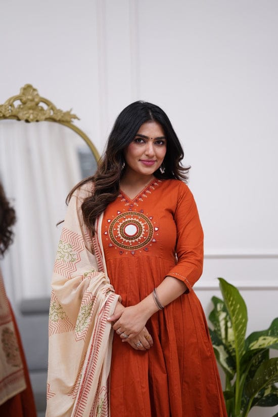 Rust Aura Embroidered Kurti Pant Set with Dupatta