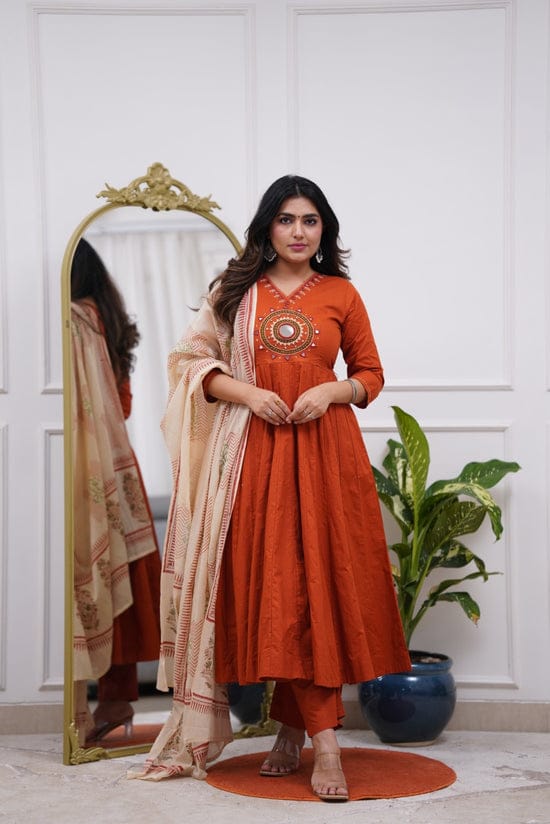 Rust Aura Embroidered Kurti Pant Set with Dupatta