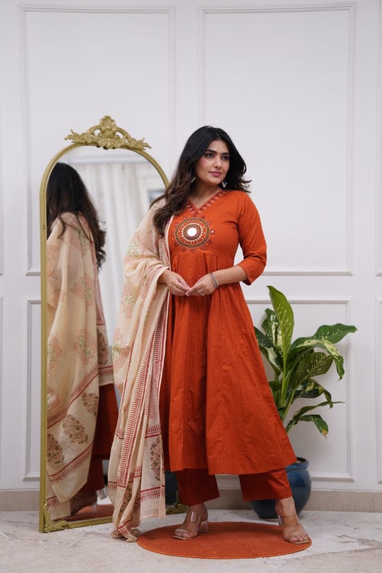 Rust Aura Embroidered Kurti Pant Set with Dupatta