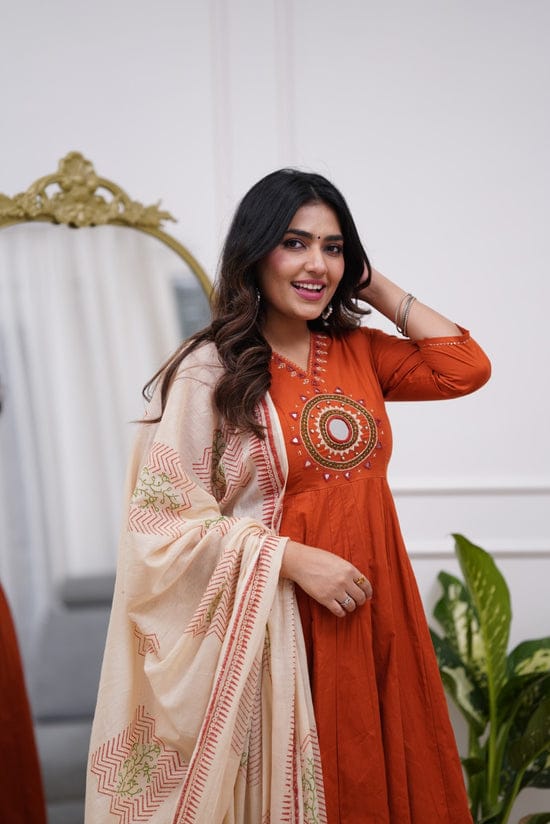 Rust Aura Embroidered Kurti Pant Set with Dupatta