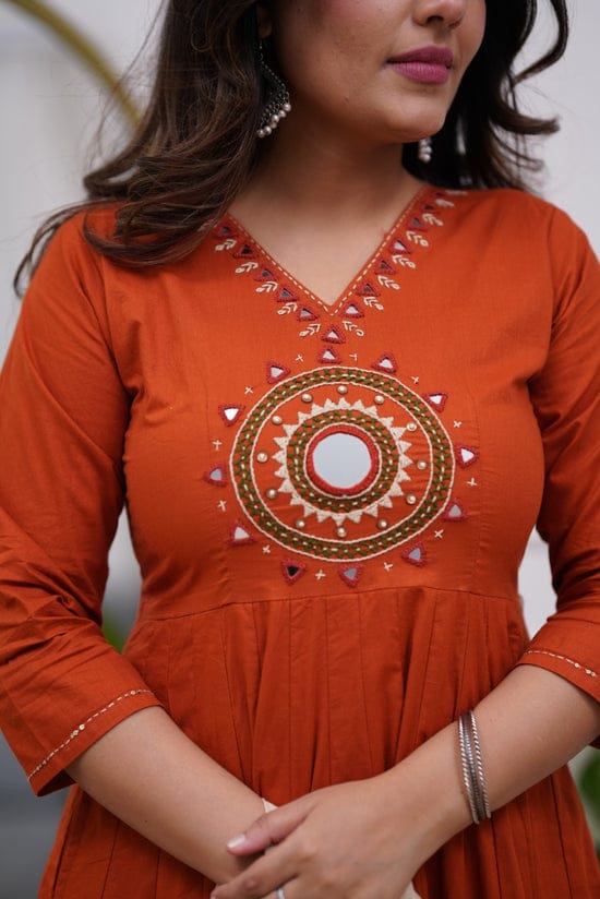 Rust Aura Embroidered Kurti Pant Set with Dupatta