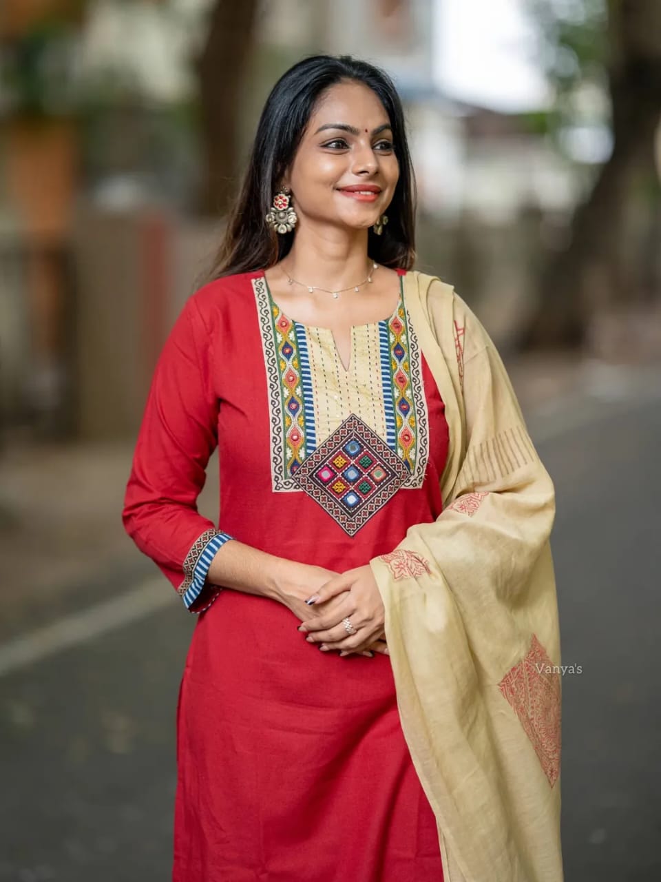 Kutch Kala Red Cotton Suit Set with Hand Block Dupatta