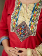 Kutch Kala Red Cotton Suit Set with Hand Block Dupatta