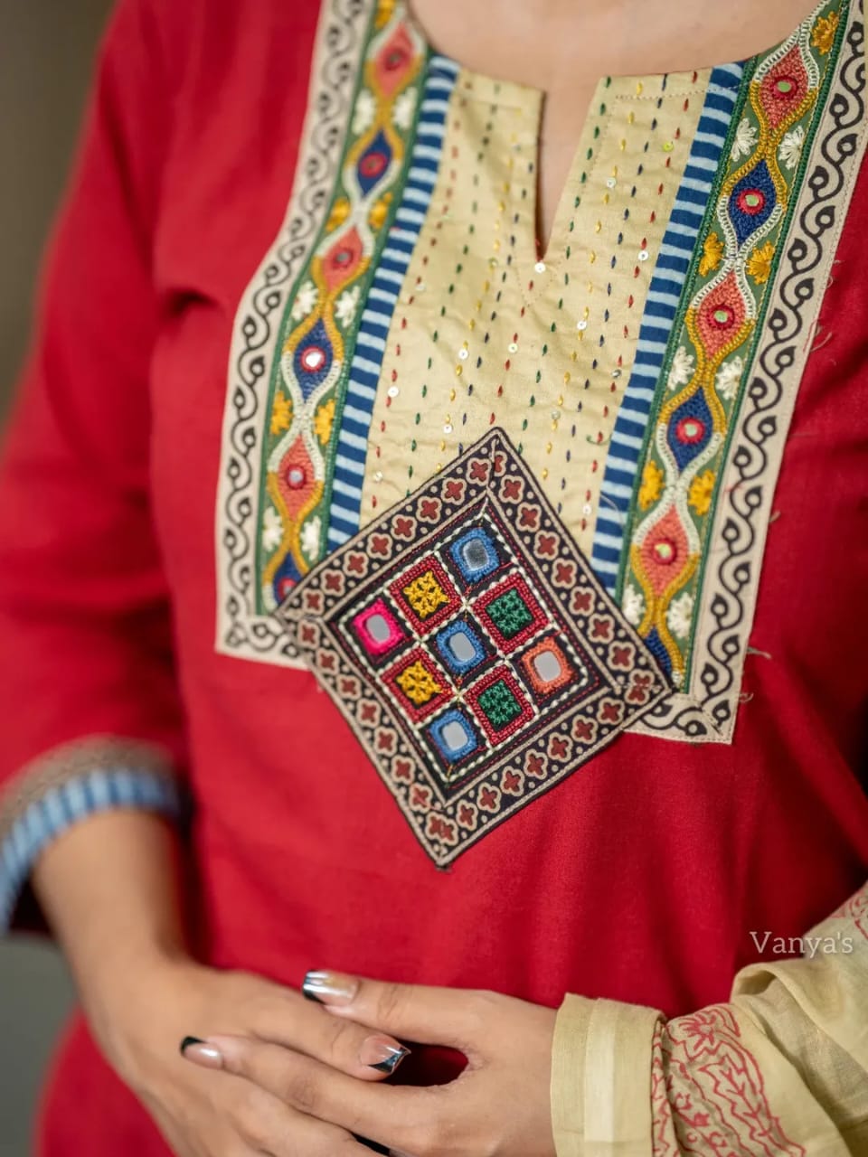 Kutch Kala Red Cotton Suit Set with Hand Block Dupatta