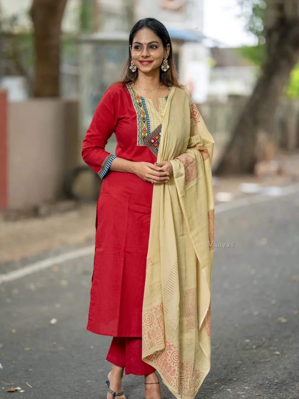 Kutch Kala Red Cotton Suit Set with Hand Block Dupatta