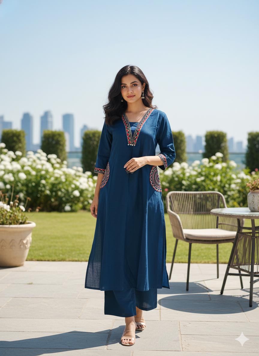 Elysian Embroidered Cotton Flex Kurti Plazo Set