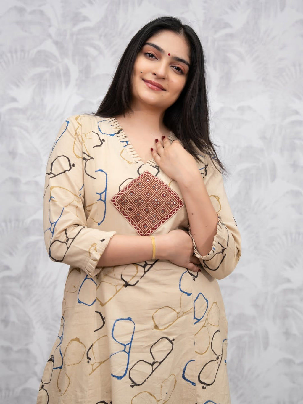Beige Cotton Embroidered Co-Ord Set for Women