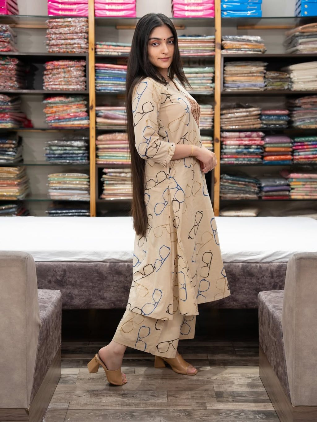 Beige Cotton Embroidered Co-Ord Set for Women