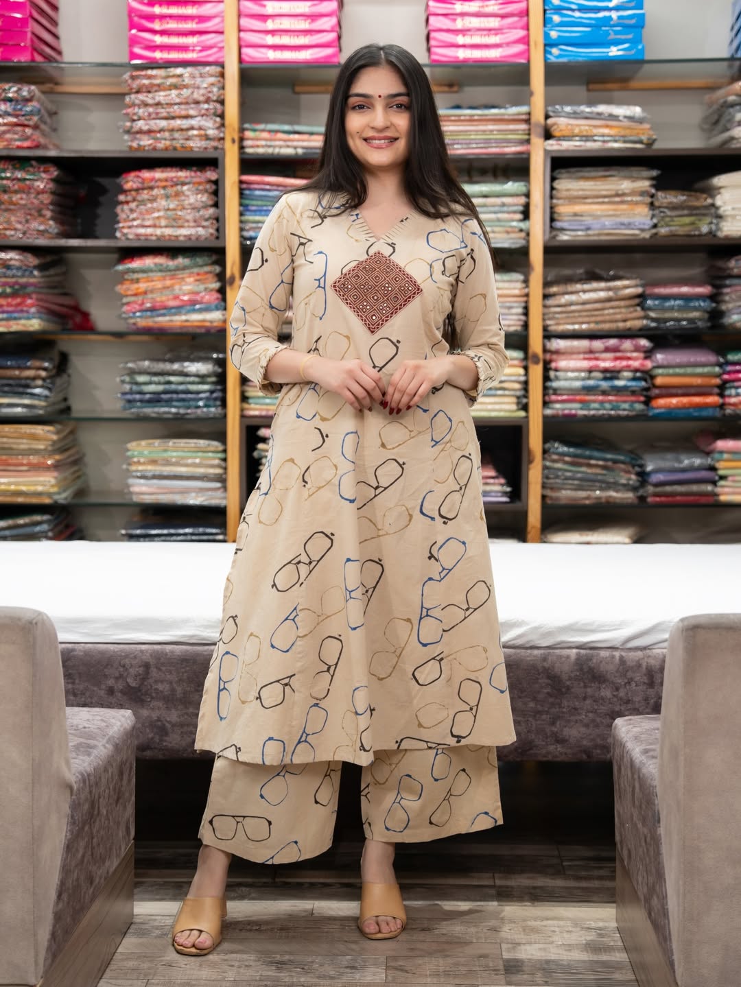 Beige Cotton Embroidered Co-Ord Set for Women