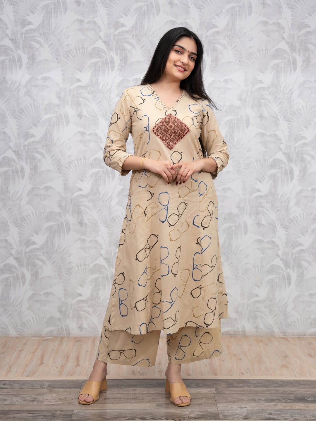 Beige Cotton Embroidered Co-Ord Set for Women