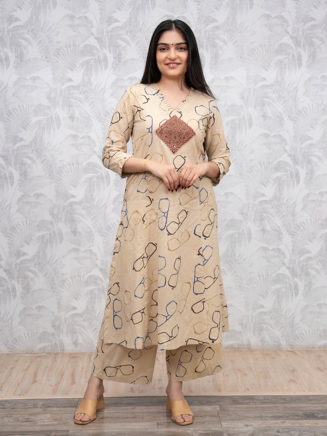 Beige Cotton Embroidered Co-Ord Set for Women