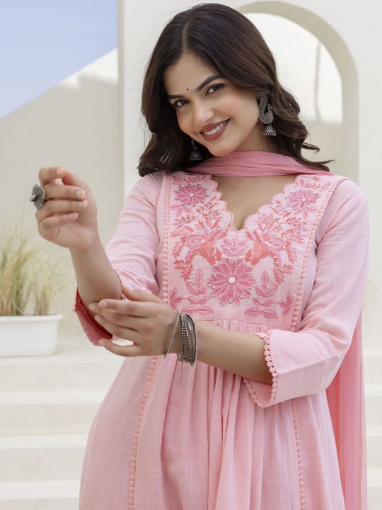 Floral Yoke Cotton Slub Kurta Pant Set with Dupatta