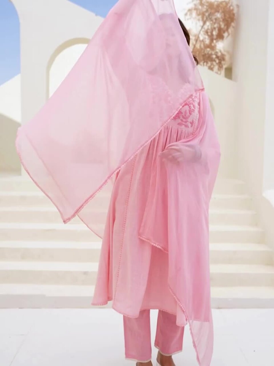 Floral Yoke Cotton Slub Kurta Pant Set with Dupatta