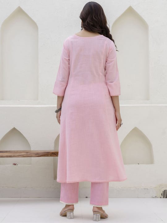 Floral Yoke Cotton Slub Kurta Pant Set with Dupatta