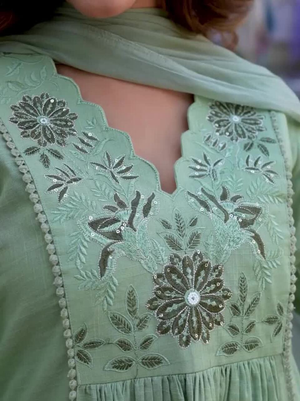 Floral Yoke Cotton Slub Kurta Pant Set with Dupatta