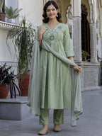 Floral Yoke Cotton Slub Kurta Pant Set with Dupatta