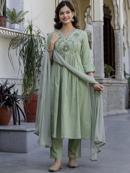 Floral Yoke Cotton Slub Kurta Pant Set with Dupatta