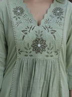 Floral Yoke Cotton Slub Kurta Pant Set with Dupatta