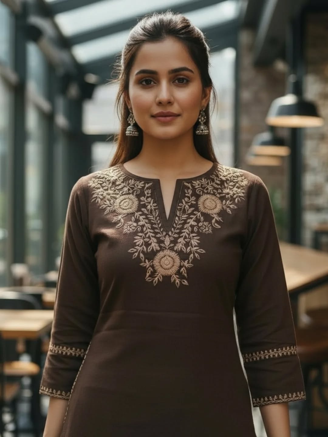 Noor-Earth Embroidered Cotton Co-Ord Set (Chocolate Brown)