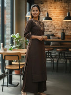 Noor-Earth Embroidered Cotton Co-Ord Set (Chocolate Brown)