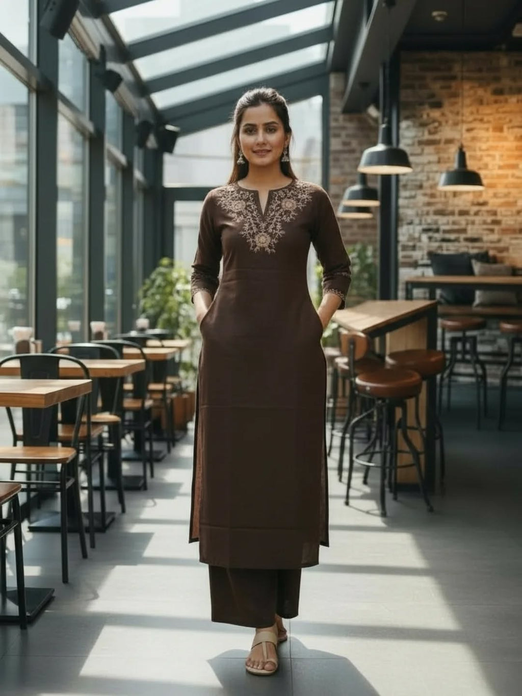 Noor-Earth Embroidered Cotton Co-Ord Set (Chocolate Brown)