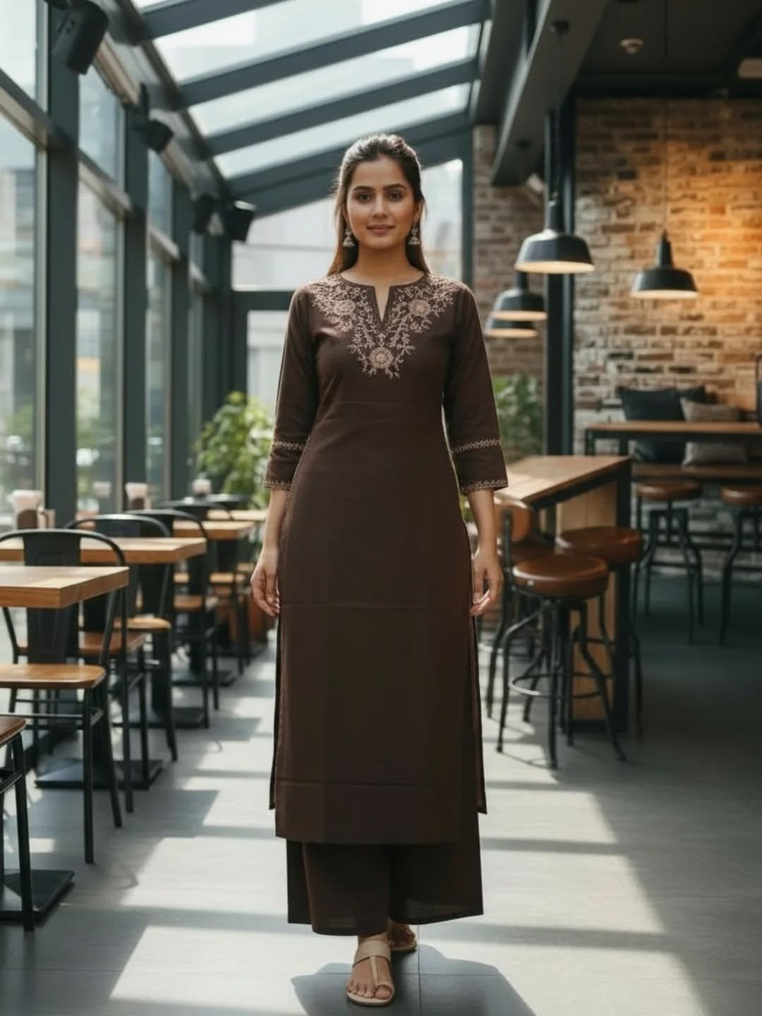 Noor-Earth Embroidered Cotton Co-Ord Set (Chocolate Brown)