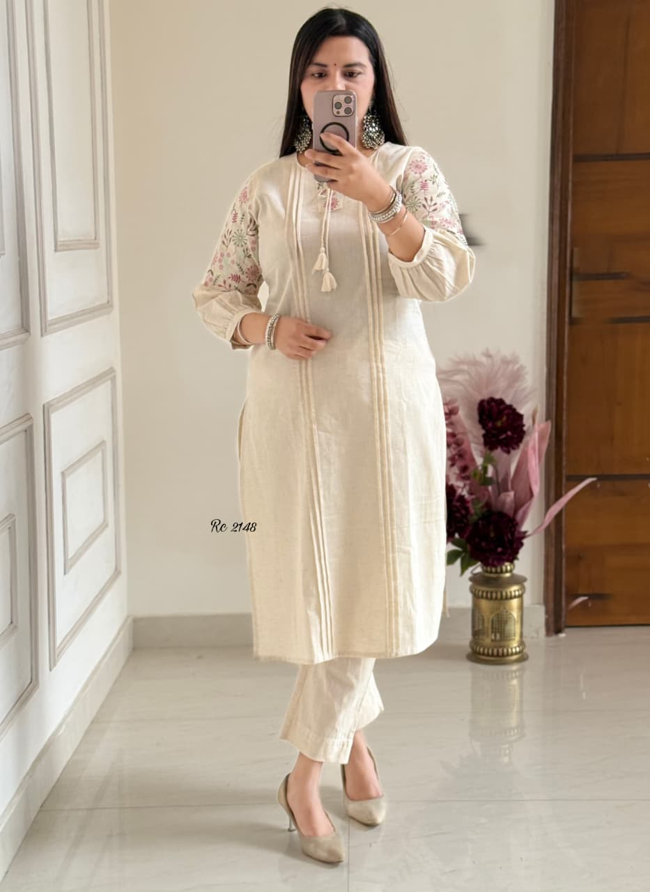 Aarohi Ivory Flax Cotton Embroidered Kurta Pant Set